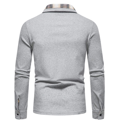 Diggetty New Men's Plaid Long Sleeve Color Matching Polo Shirt