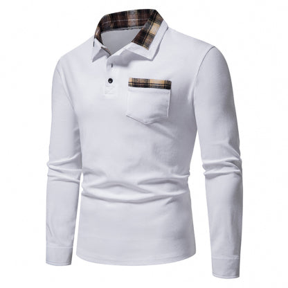 Diggetty New Men's Plaid Long Sleeve Color Matching Polo Shirt